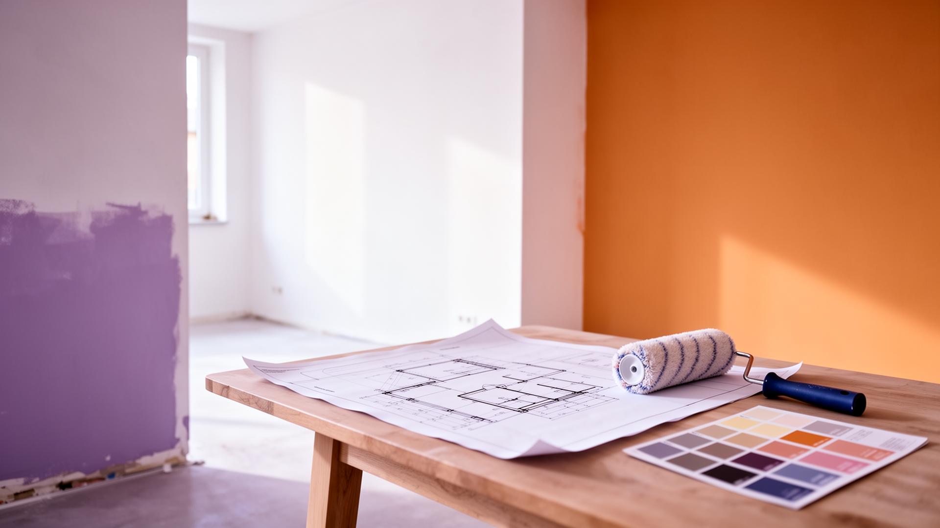 Renovationsprojekt mit Bauplan, Farbpalette und Malerrolle
